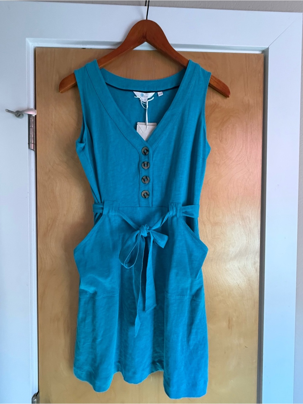 Boden Teal Sleeveless V-Neck Button Front Tie-Waist Dress. Size 6